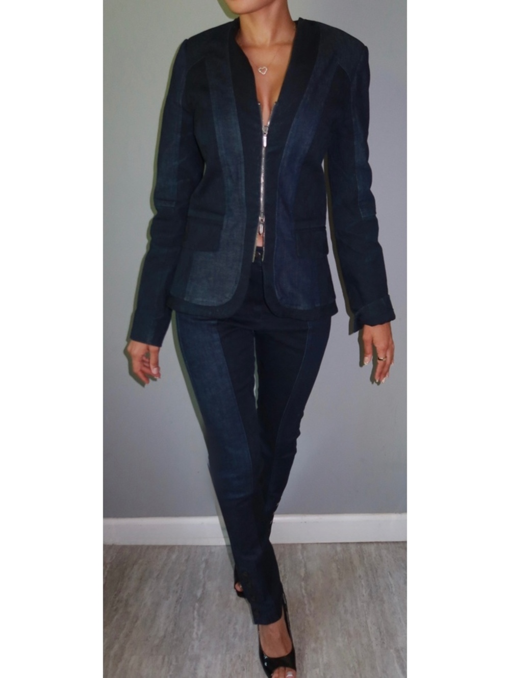 RARE Nicole Miller Artelier Two Tone Denim Blazer & Skinny Pants Set